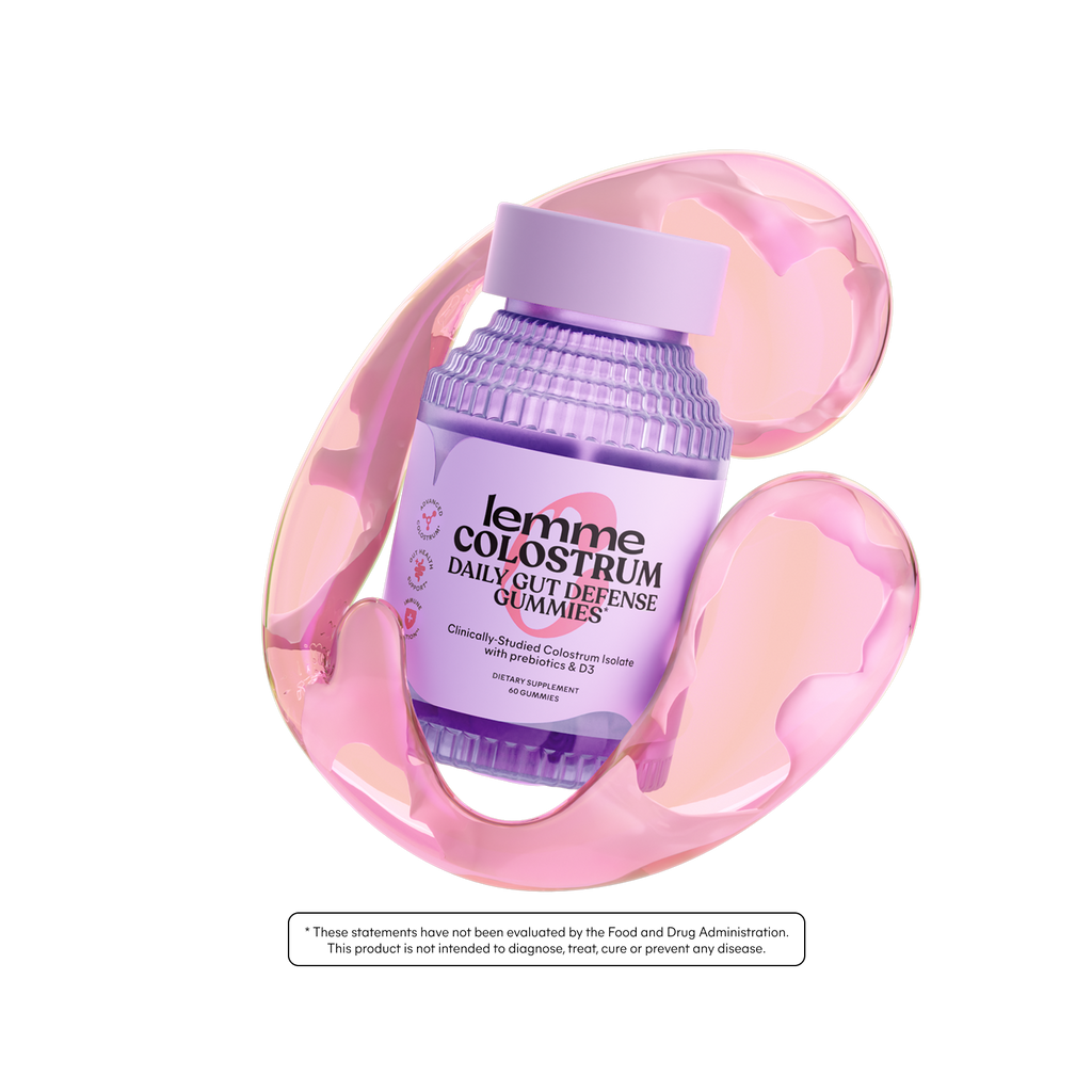lemme Colostrom Daily Gut Defense Gummies packaging with a pink and clear background