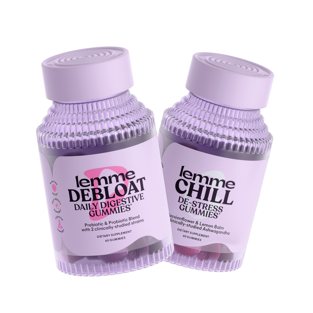Two bottles of 'lemme' gummies for digestive and stress relief on a white background