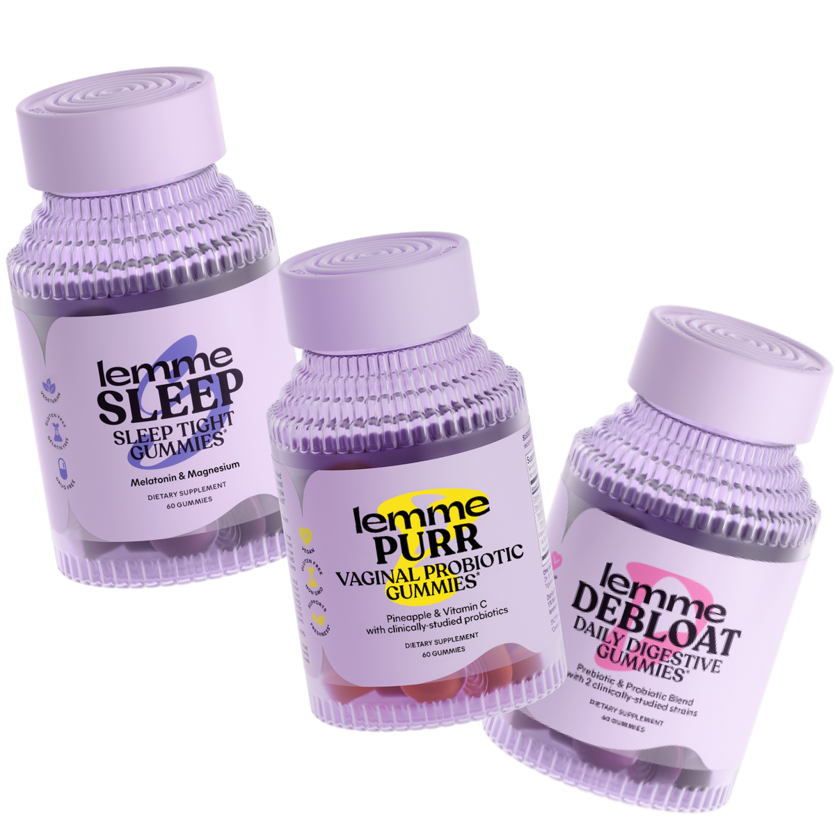 Three bottles of lemme gummies on a white background