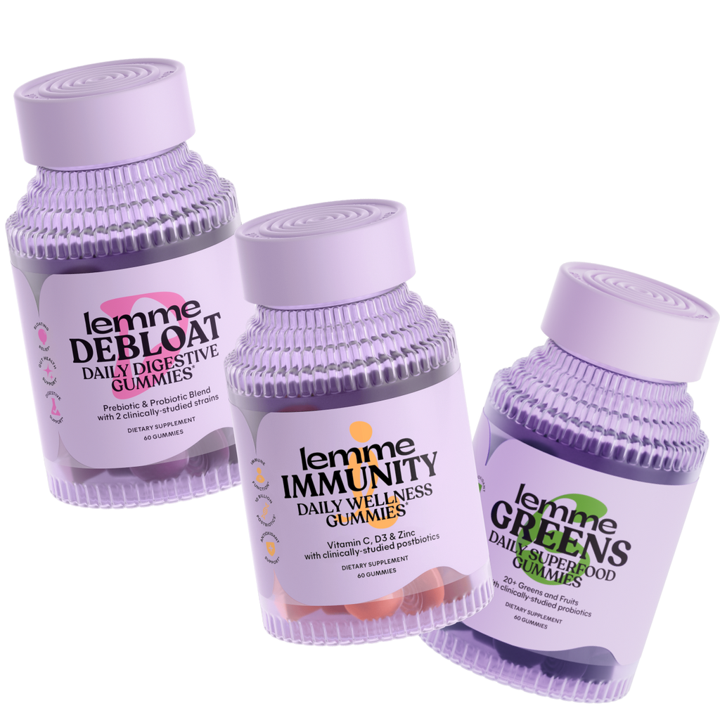 Three bottles of lemme health gummies on a white background