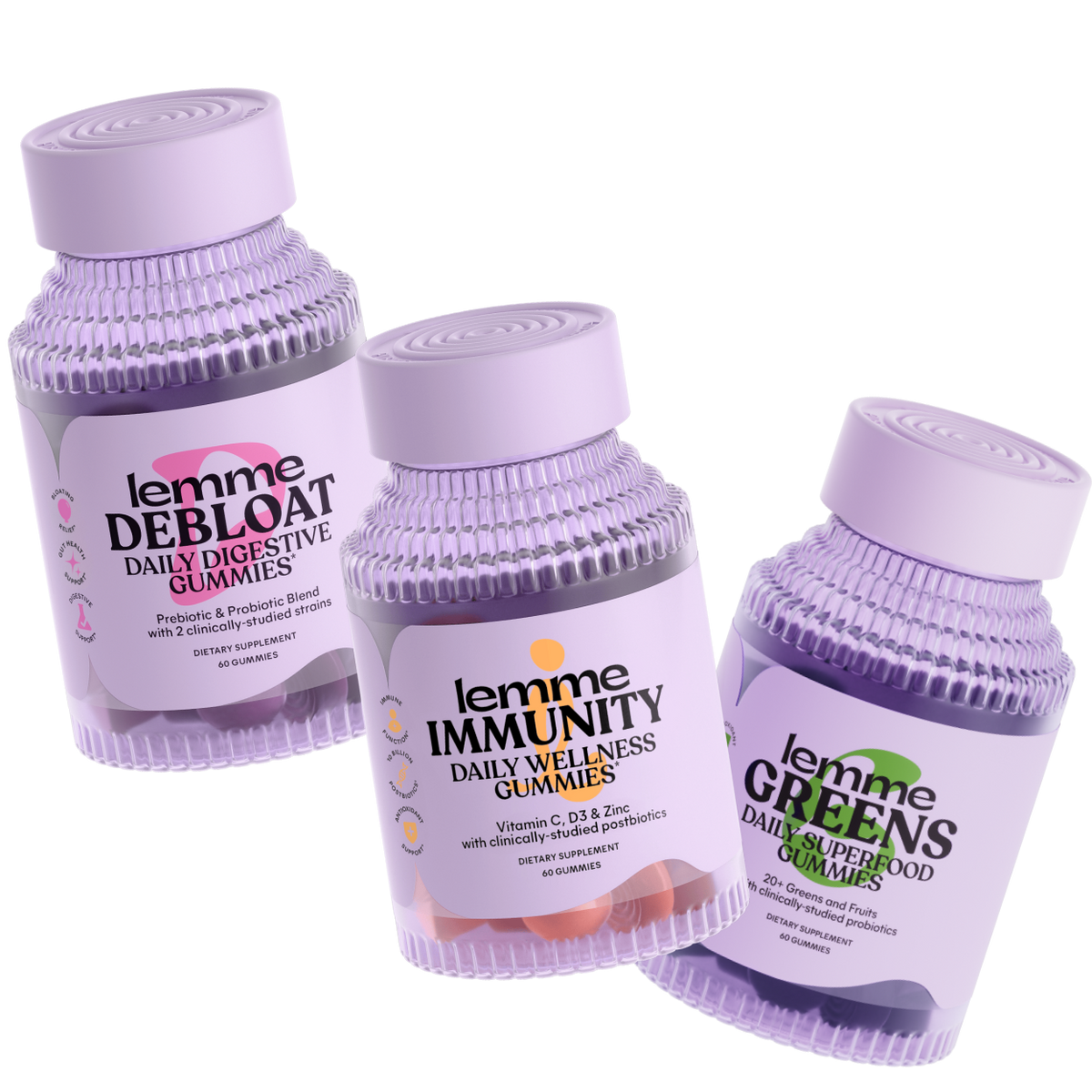 Three bottles of lemme health gummies on a white background