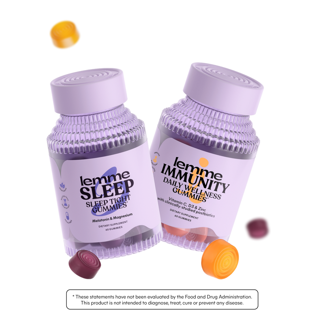 Two bottles of lemme gummies for sleep and immunity on a white background