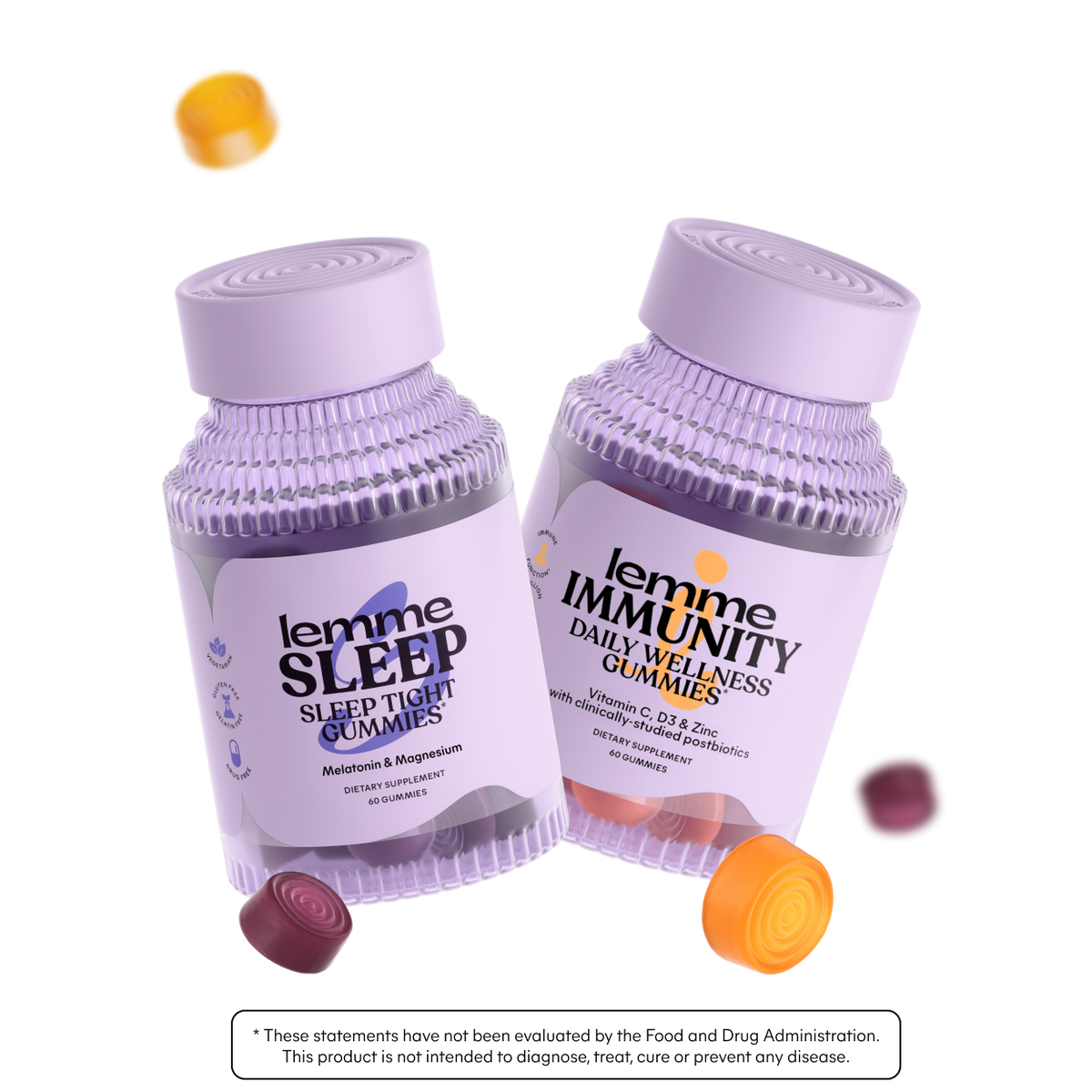 Two bottles of lemme gummies for sleep and immunity on a white background