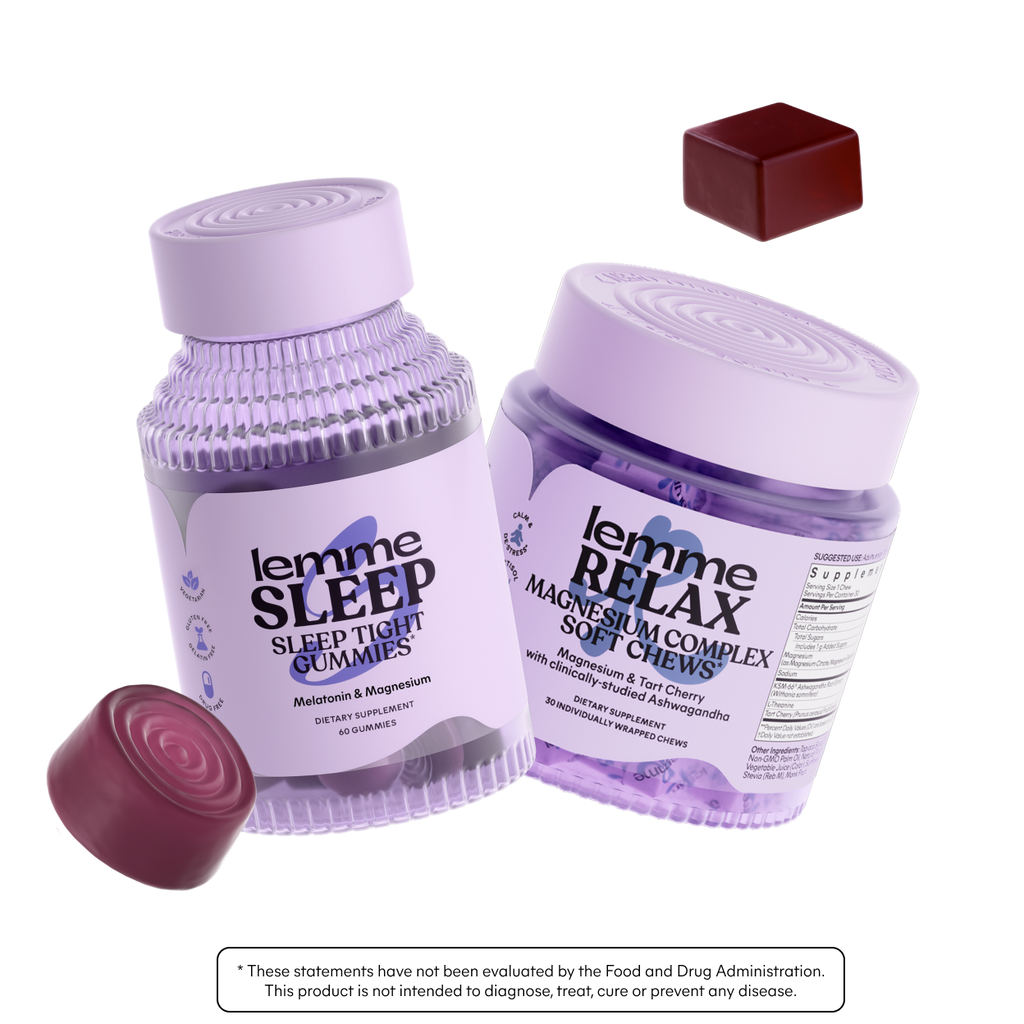 Two containers of 'lemme' products, one labeled 'Sleep Tight Gummies' and the other 'Relax Soft Chews', with purple packaging on a white background.