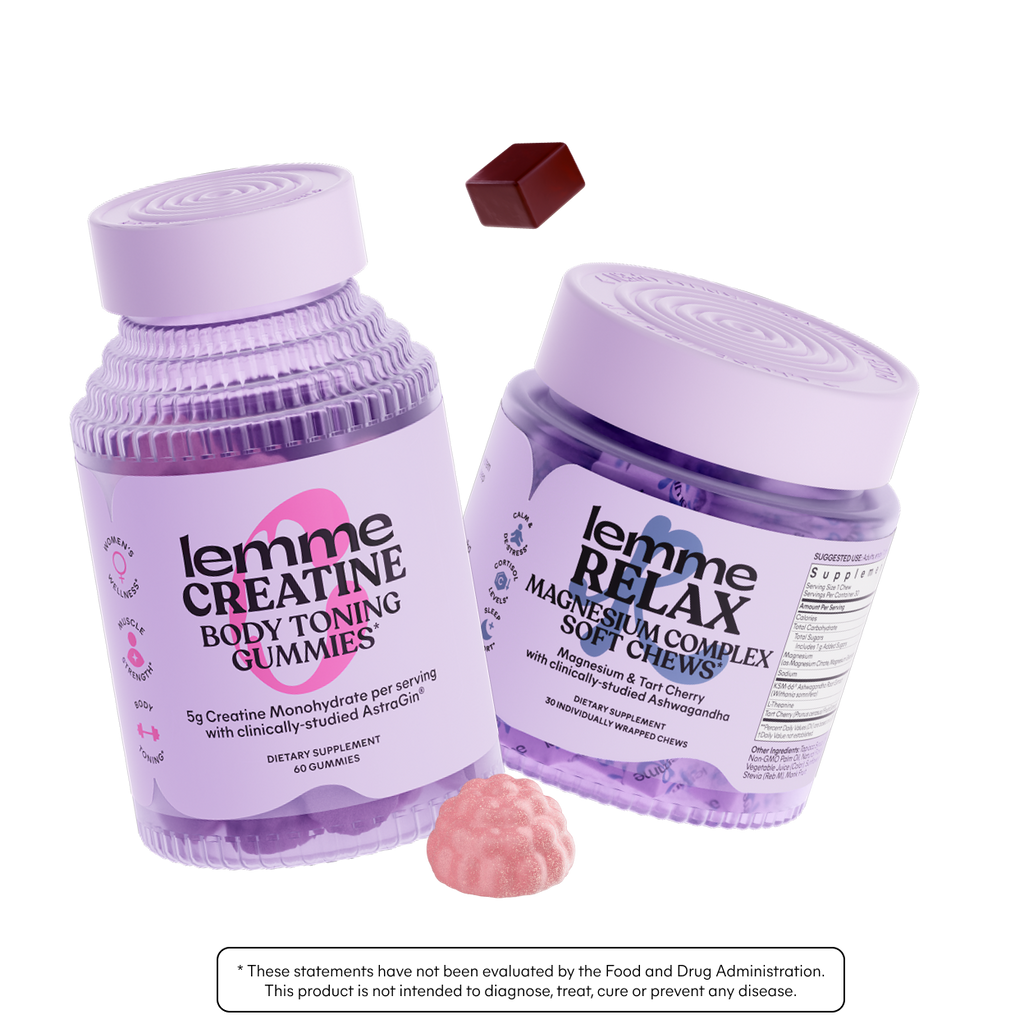 Two purple containers labeled 'lemme Creatine Body Toning Gummies' and 'lemme Relax Magnesium Complex Soft Chews' on a white background.