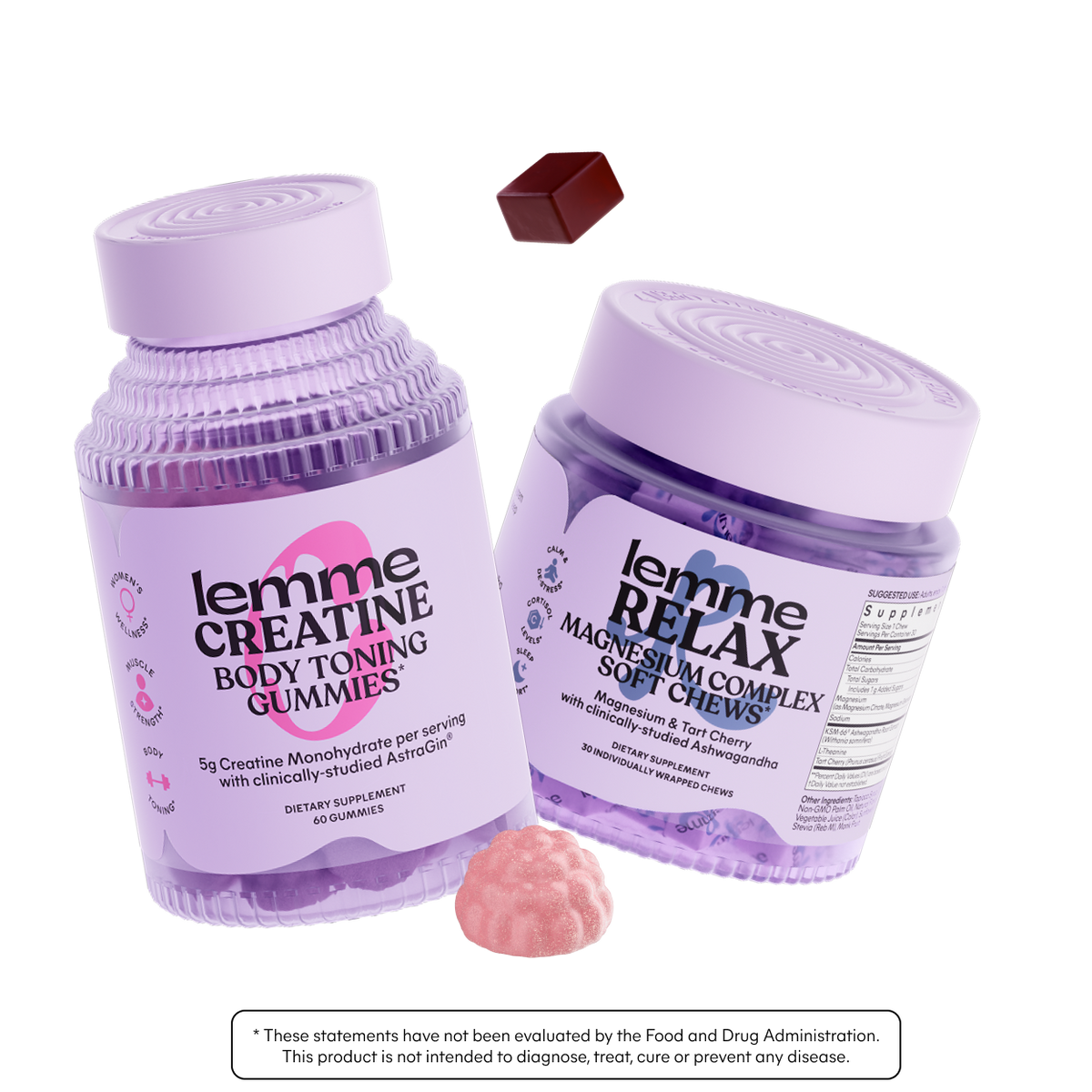 Two purple containers labeled 'lemme Creatine Body Toning Gummies' and 'lemme Relax Magnesium Complex Soft Chews' on a white background.
