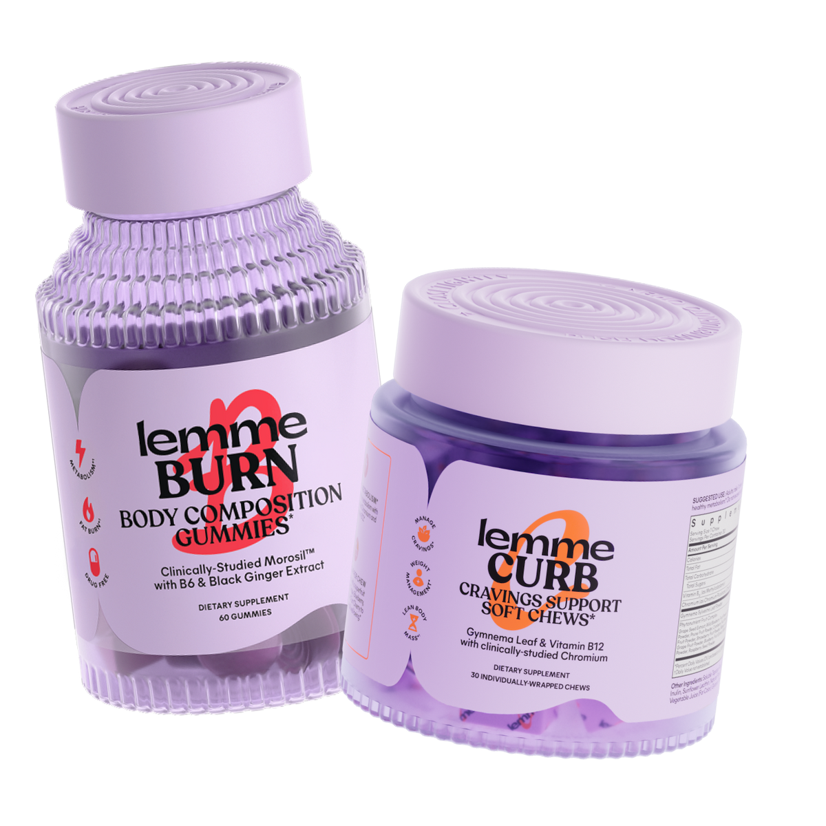 Two purple containers labeled 'lemme BURN' and 'lemme CURB' on a white background