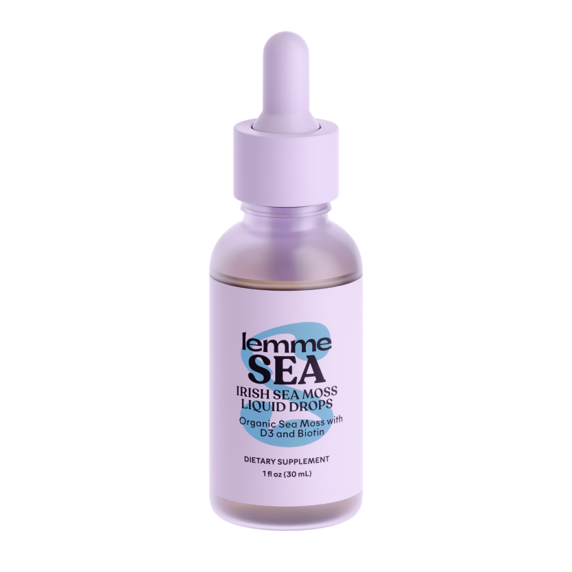 Bottle of lemme SEA Irish Sea Moss Liquid Drops on a white background