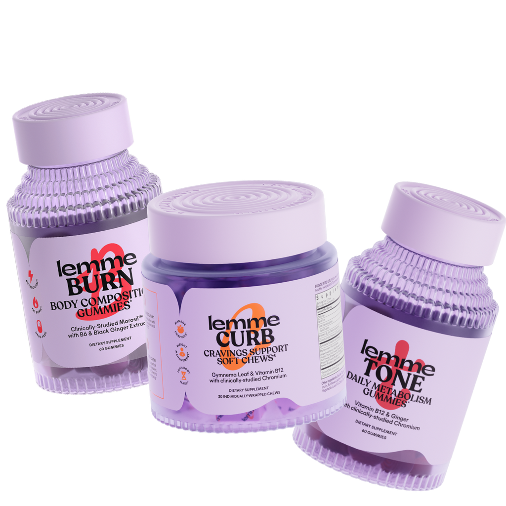 Three purple containers labeled 'Lemme Burn', 'Lemme Curb', and 'Lemme Tone' on a white background.