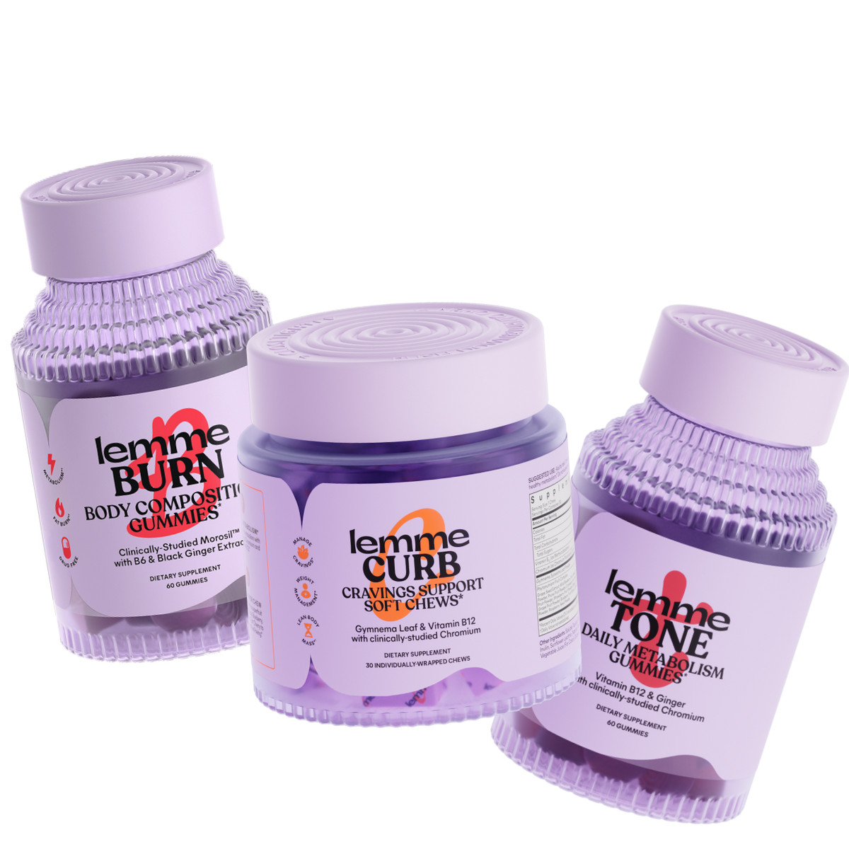 Three purple containers labeled 'Lemme Burn', 'Lemme Curb', and 'Lemme Tone' on a white background.