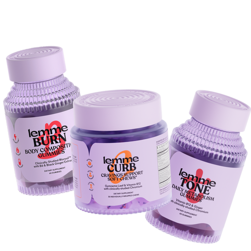 Three purple containers labeled 'Lemme Burn', 'Lemme Curb', and 'Lemme Tone' on a white background.