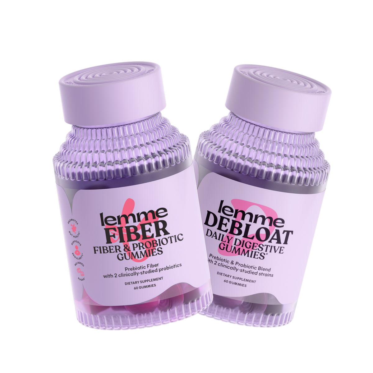 Two bottles of lemme Fiber and Probiotic Gummies and lemme Daily Digestive Gummies on a white background