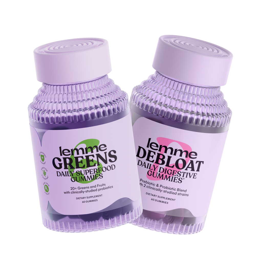Two bottles of lemme Greens and lemme Debloat gummies on a white background
