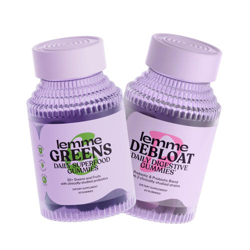 Two bottles of lemme Greens and lemme Debloat gummies on a white background