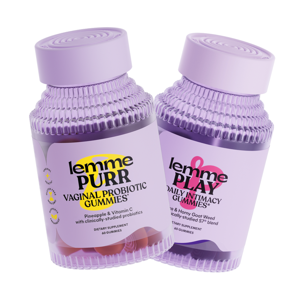 Two containers of 'lemme Purr' products on a white background