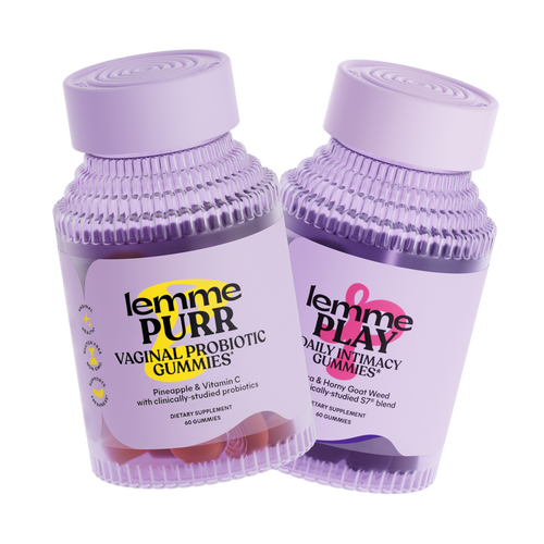Two containers of 'lemme Purr' products on a white background