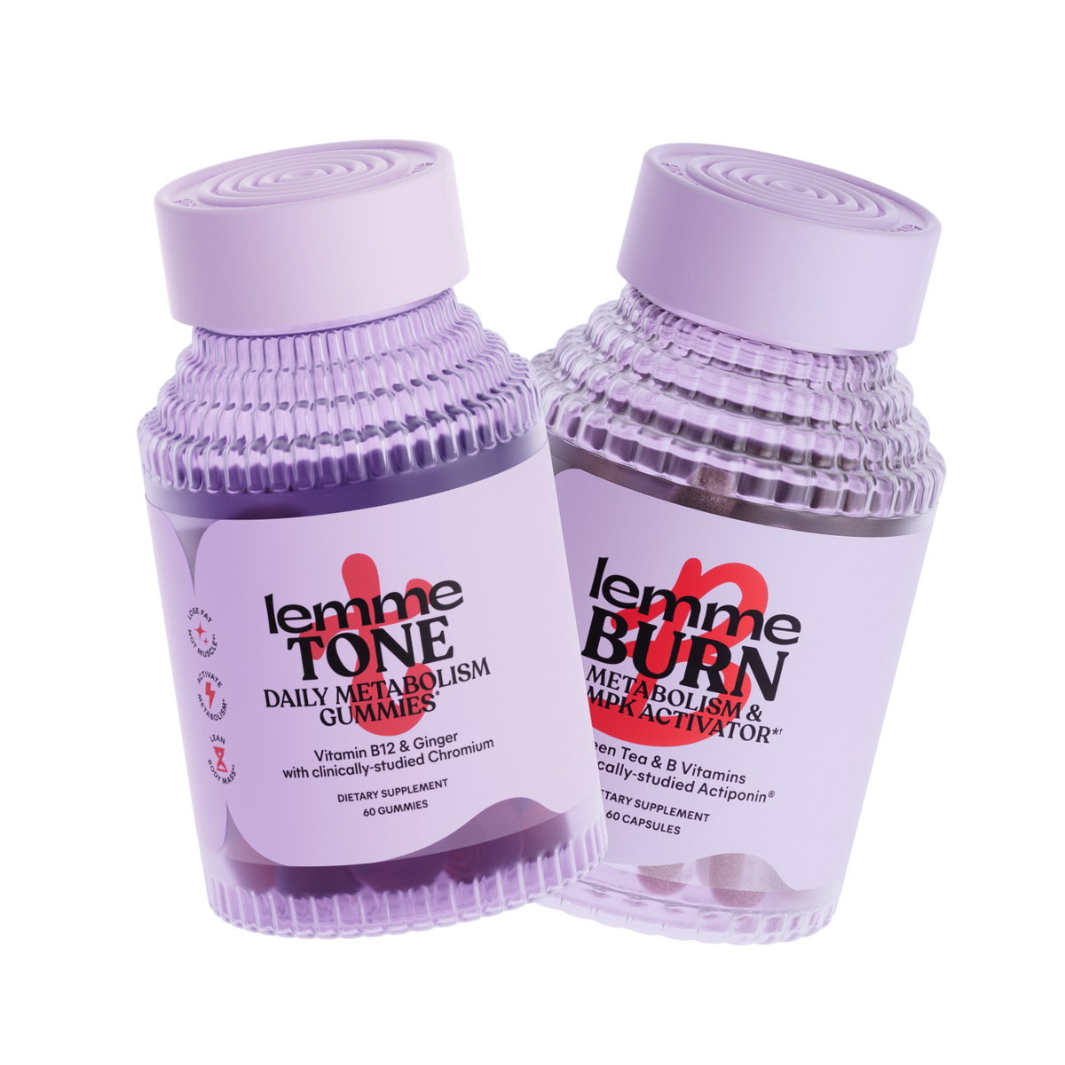 Two supplement containers labeled 'lemme TONE' and 'lemme BURN' on a white background.