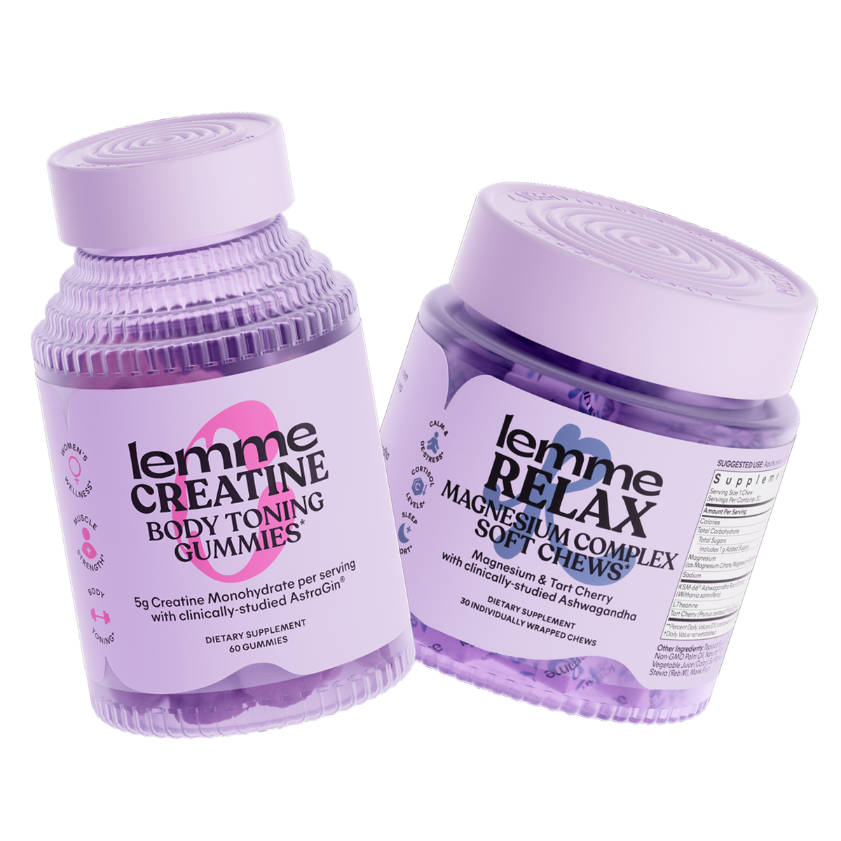 Two purple containers labeled 'lemme Creatine Body Toning Gummies' and 'lemme Relax Magnesium Complex Soft Chews' on a white background.