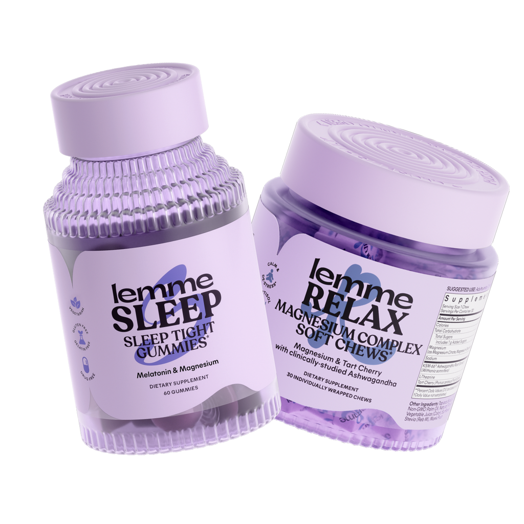 Two purple containers labeled 'lemme SLEEP' and 'lemme RELAX' on a white background.
