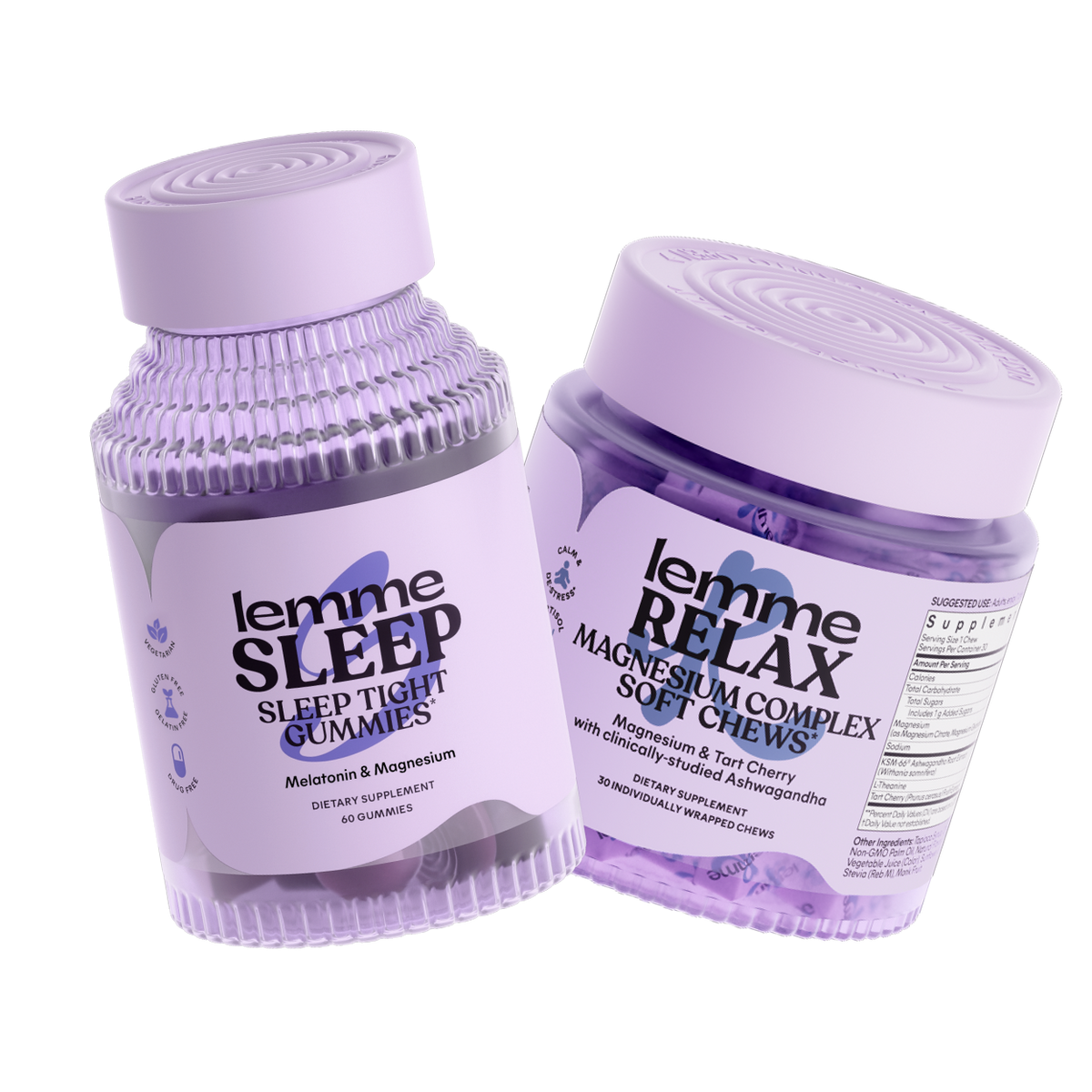 Two purple containers labeled 'lemme SLEEP' and 'lemme RELAX' on a white background.