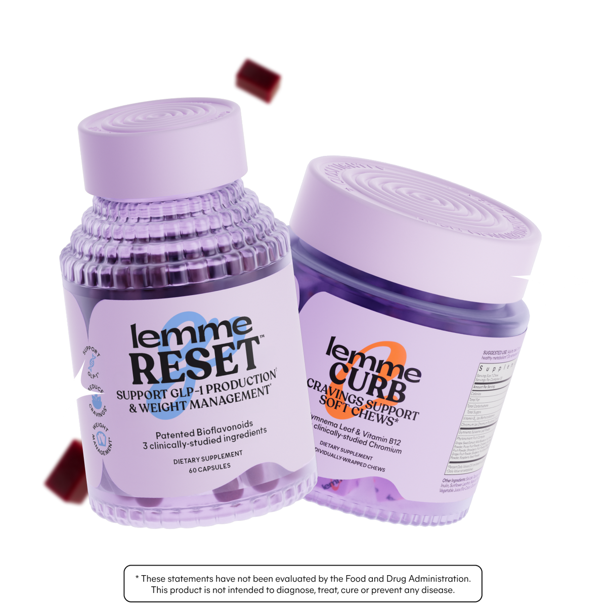 Two purple containers labeled 'lemme RESET' and 'lemme CURB' on a white background.