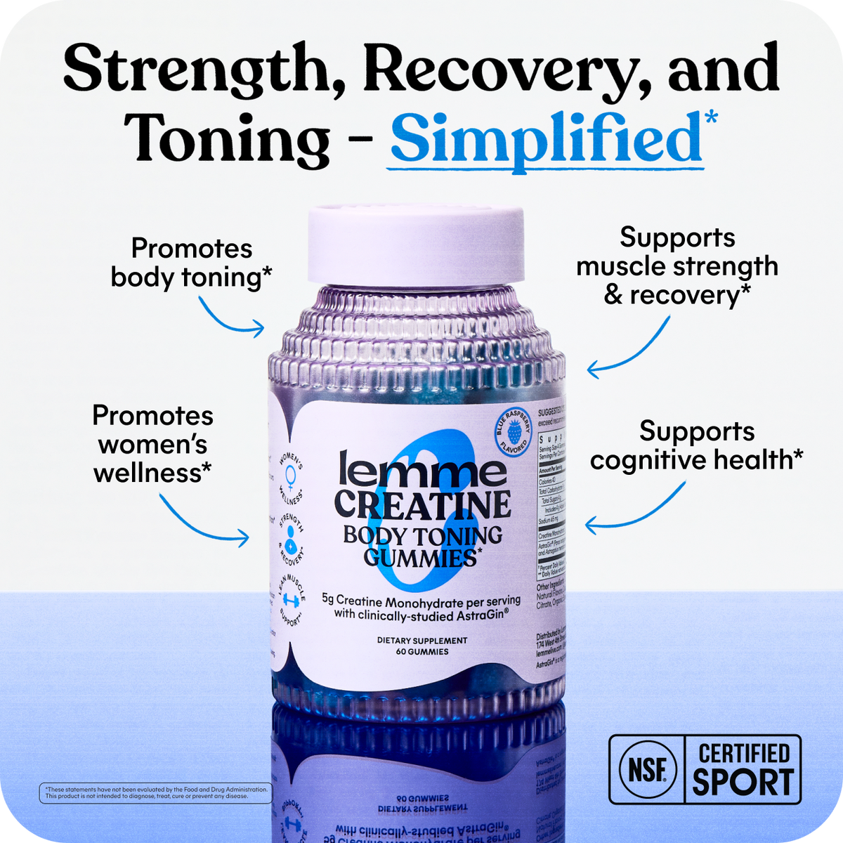Lemme Creatine Body Toning Gummies bottle with promotional text on a white background