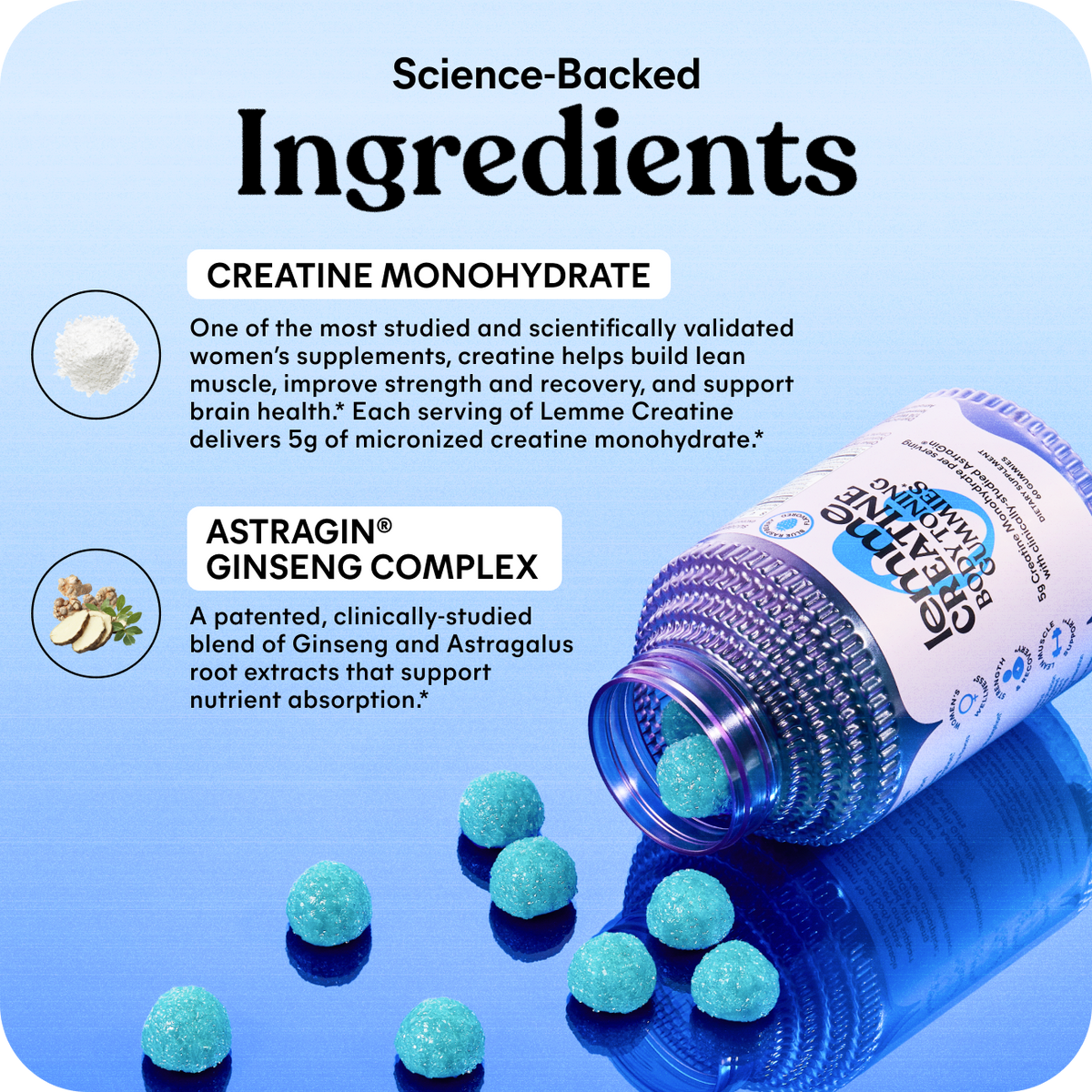 Supplement bottle with blue capsules on a light blue background, featuring text about science-backed ingredients.