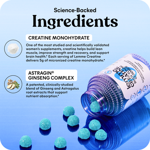 Supplement bottle with blue capsules on a light blue background, featuring text about science-backed ingredients.