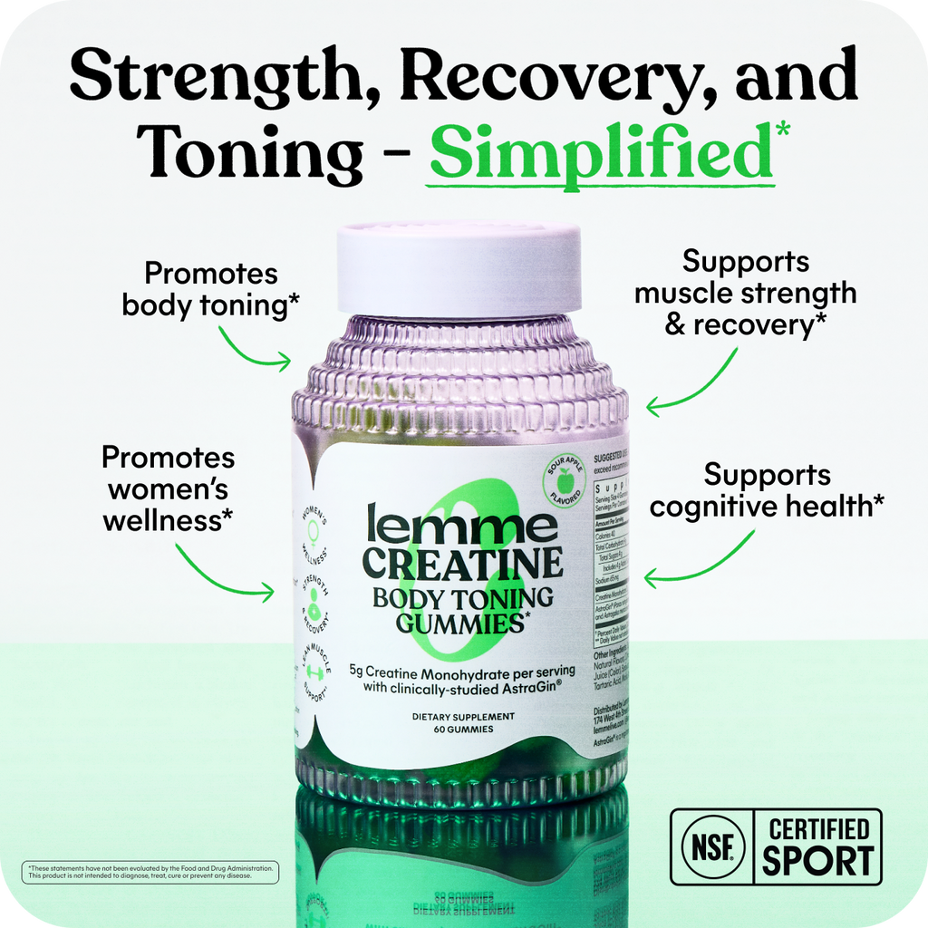 Lemme Creatine Body Toning Gummies bottle with promotional text on a light green background