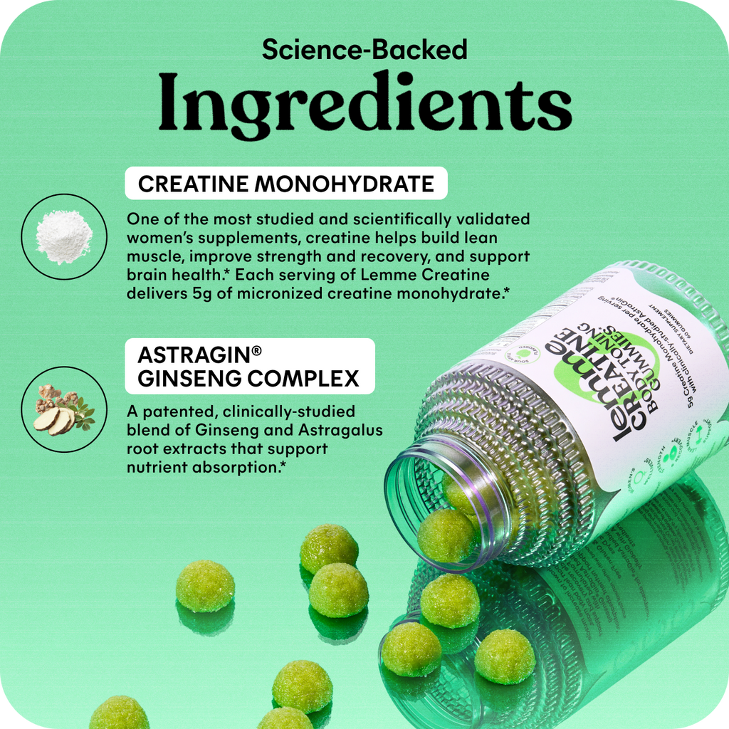 Supplement bottle with green gummy bears on a green background, featuring Lemme Creatine ingredients.