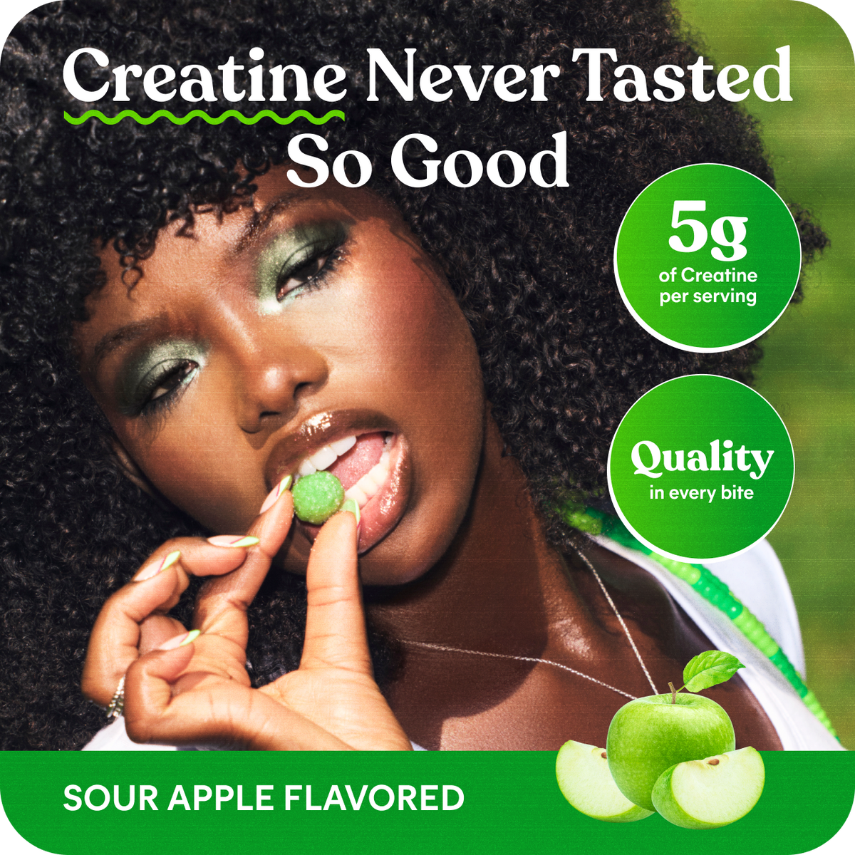 Advertisement for a creatine supplement with a woman eating a green candy, featuring text about quality and flavor.