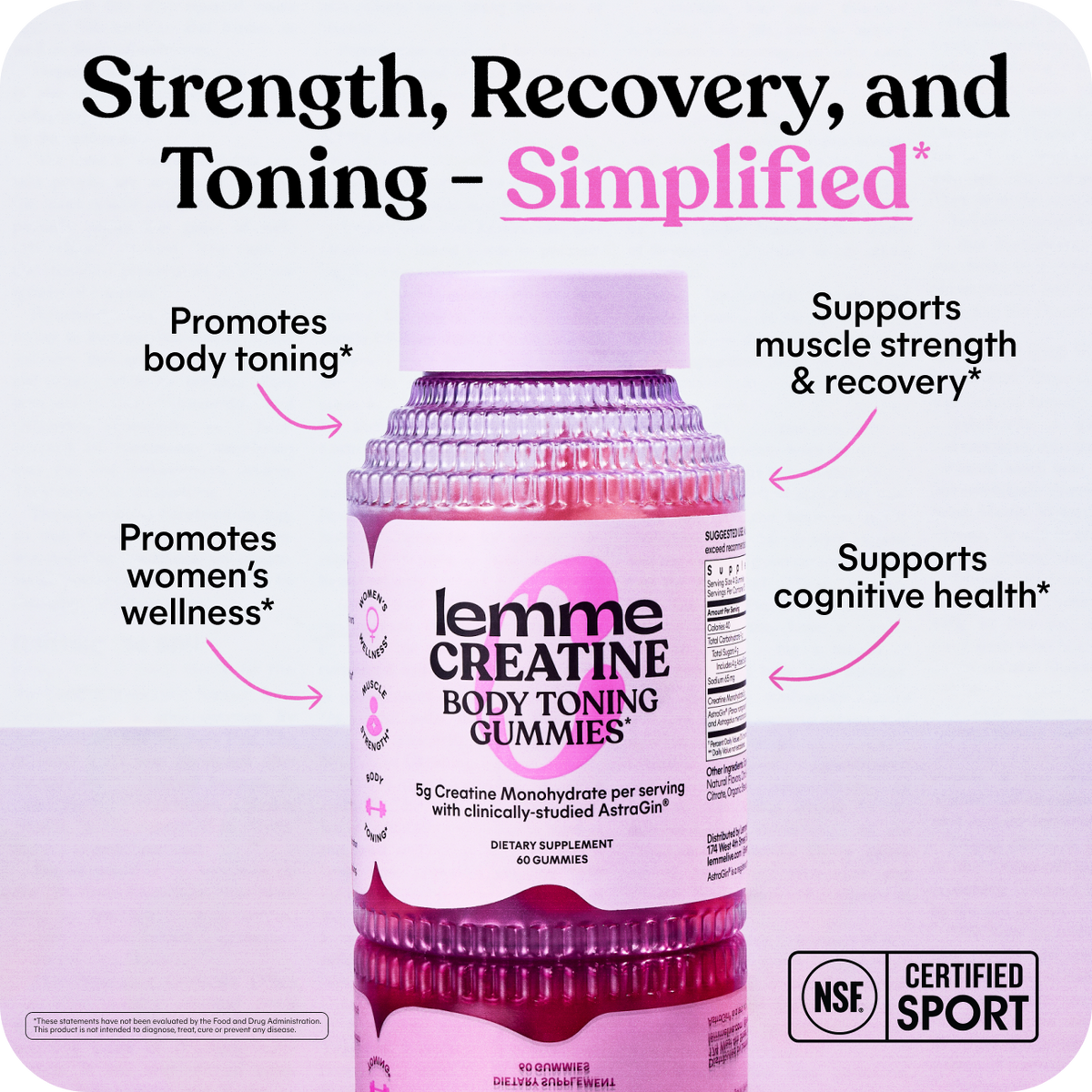 Lemme Creatine Body Toning Gummies bottle with promotional text on a white background