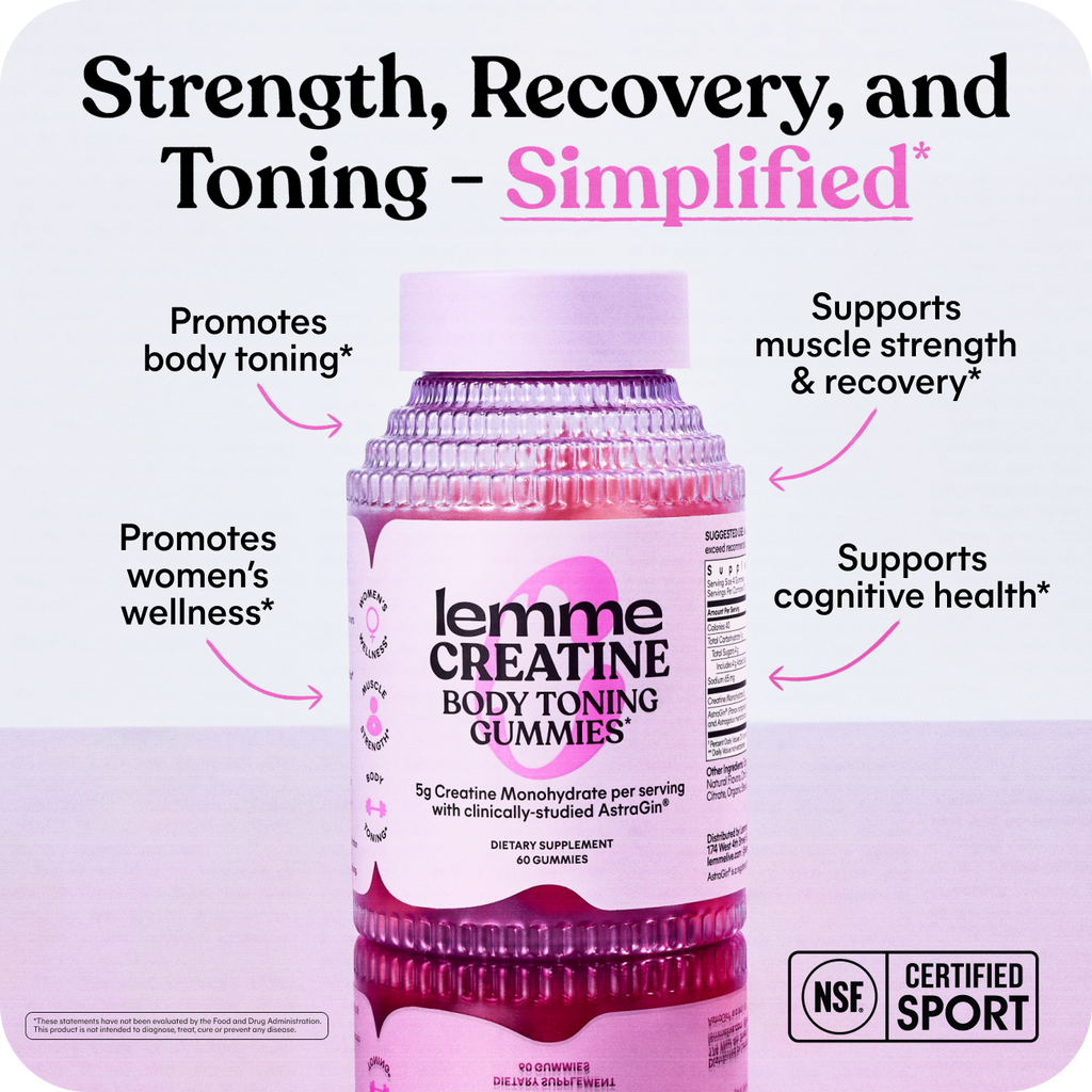 Lemme Creatine Body Toning Gummies bottle with promotional text on a white background