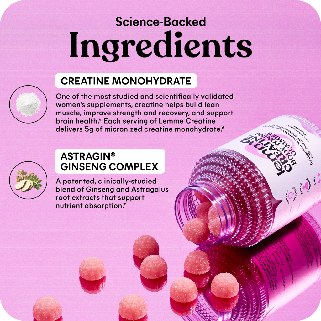 Supplement bottle with pink gummies on a pink background, featuring text about ingredients.