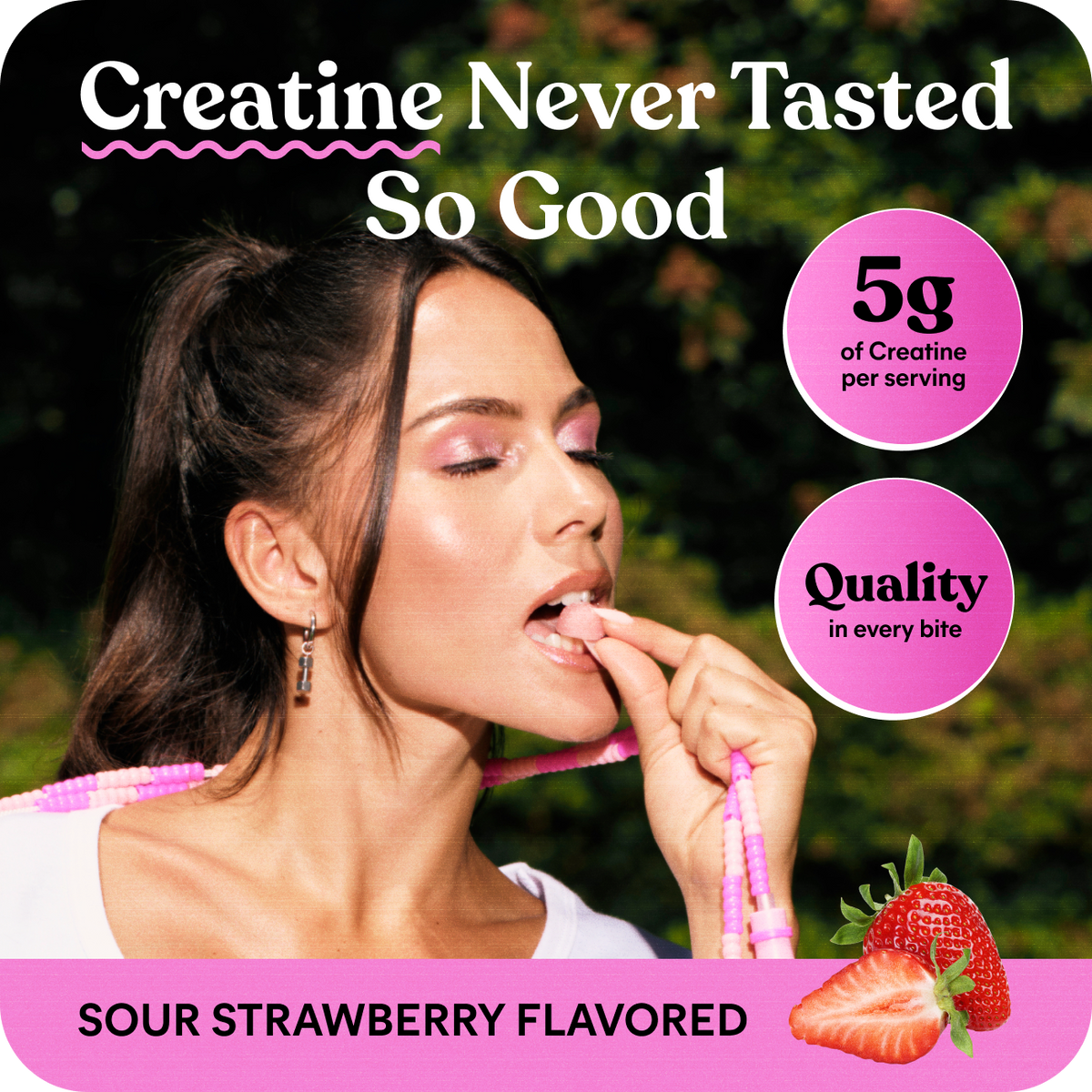 Woman eating a strawberry with promotional text about creatine supplement flavor and quality.