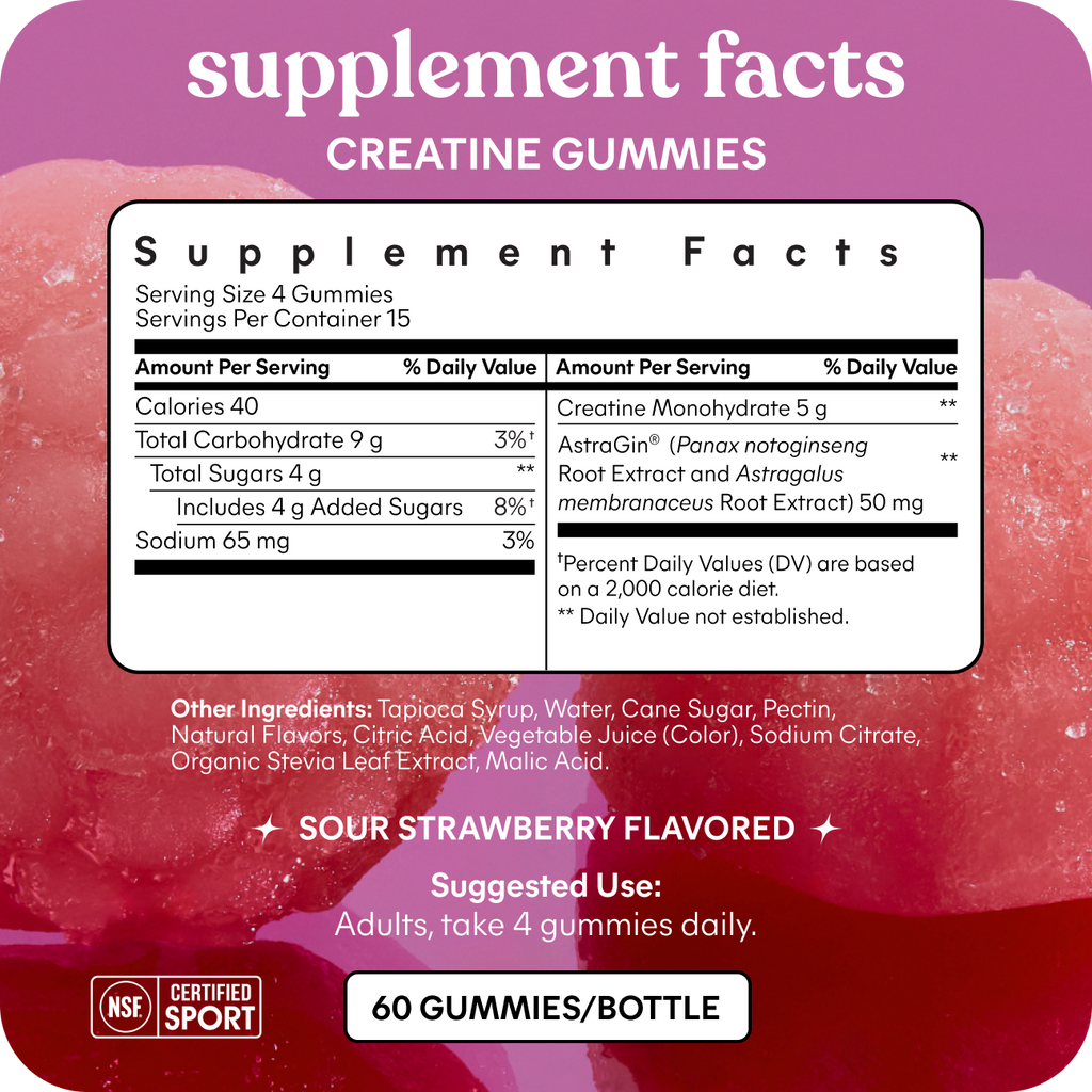 Supplement facts label for creatine gummies with a pink background