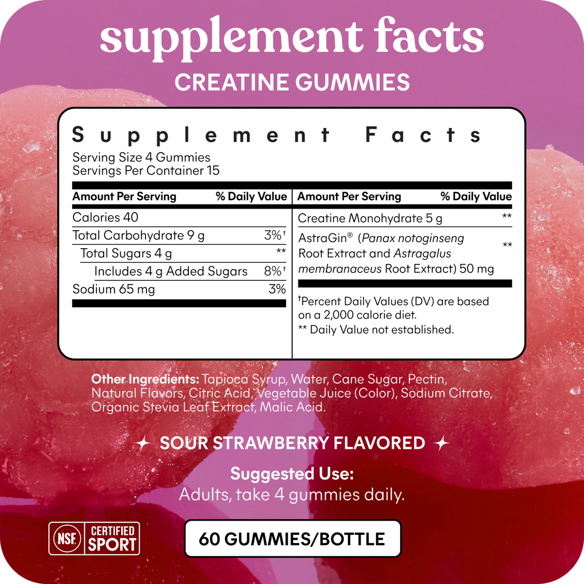 Supplement facts label for creatine gummies with a pink background
