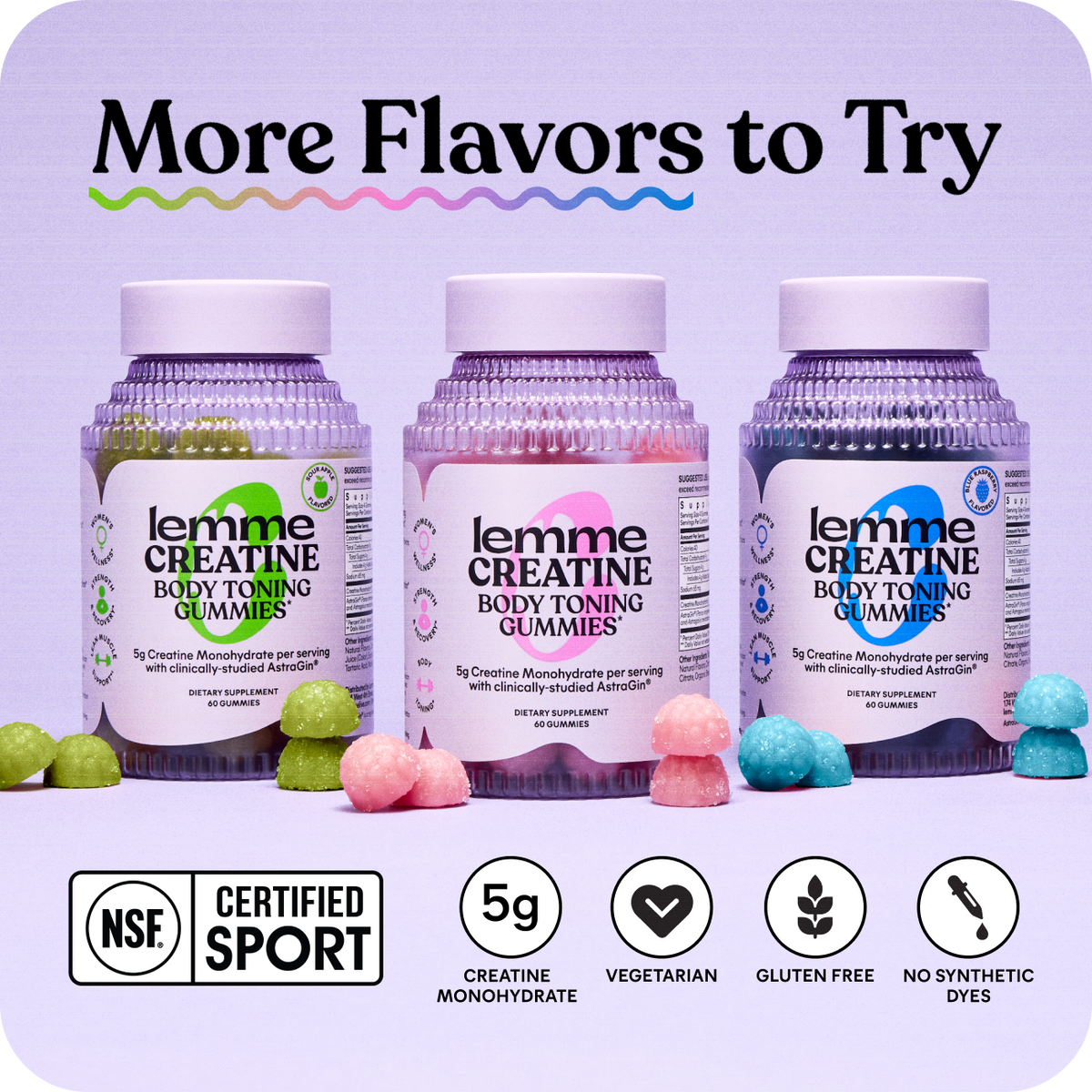 Three bottles of lemme Creatine Body Toning Gummies with colorful gummy bears on a light purple background.