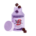 Purple bottle of 'lemme BURN' body composition gummies with open lid on a white background