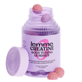 Purple container of lemme Creatine Body Toning Gummies with gummy bears on a white background