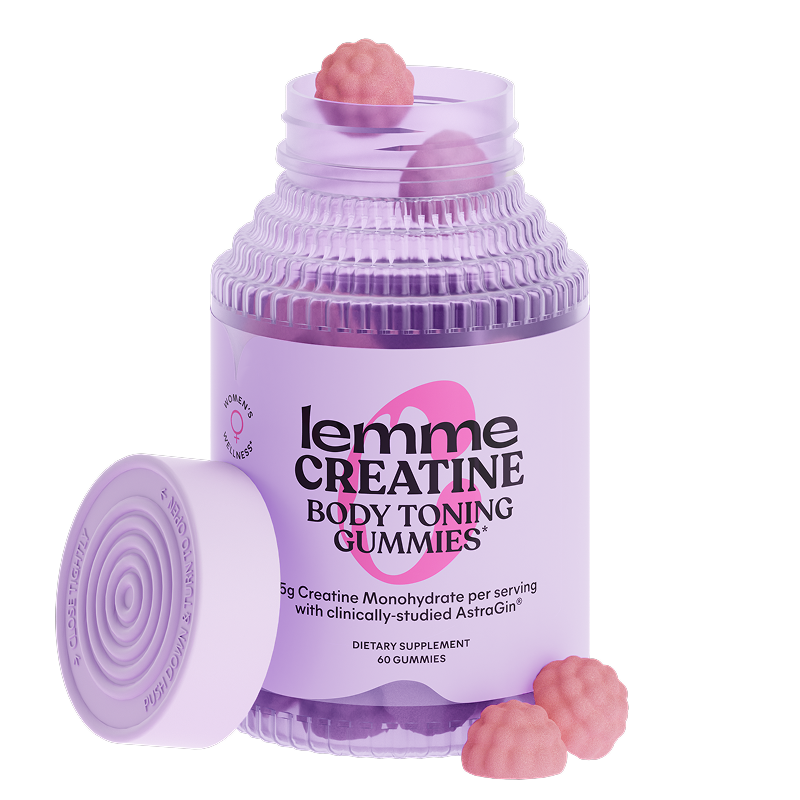 Purple container of lemme Creatine Body Toning Gummies with gummy bears on a white background