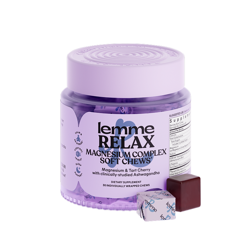 Jar of 'lemme RELAX' magnesium complex soft chews with a single chew on a white background