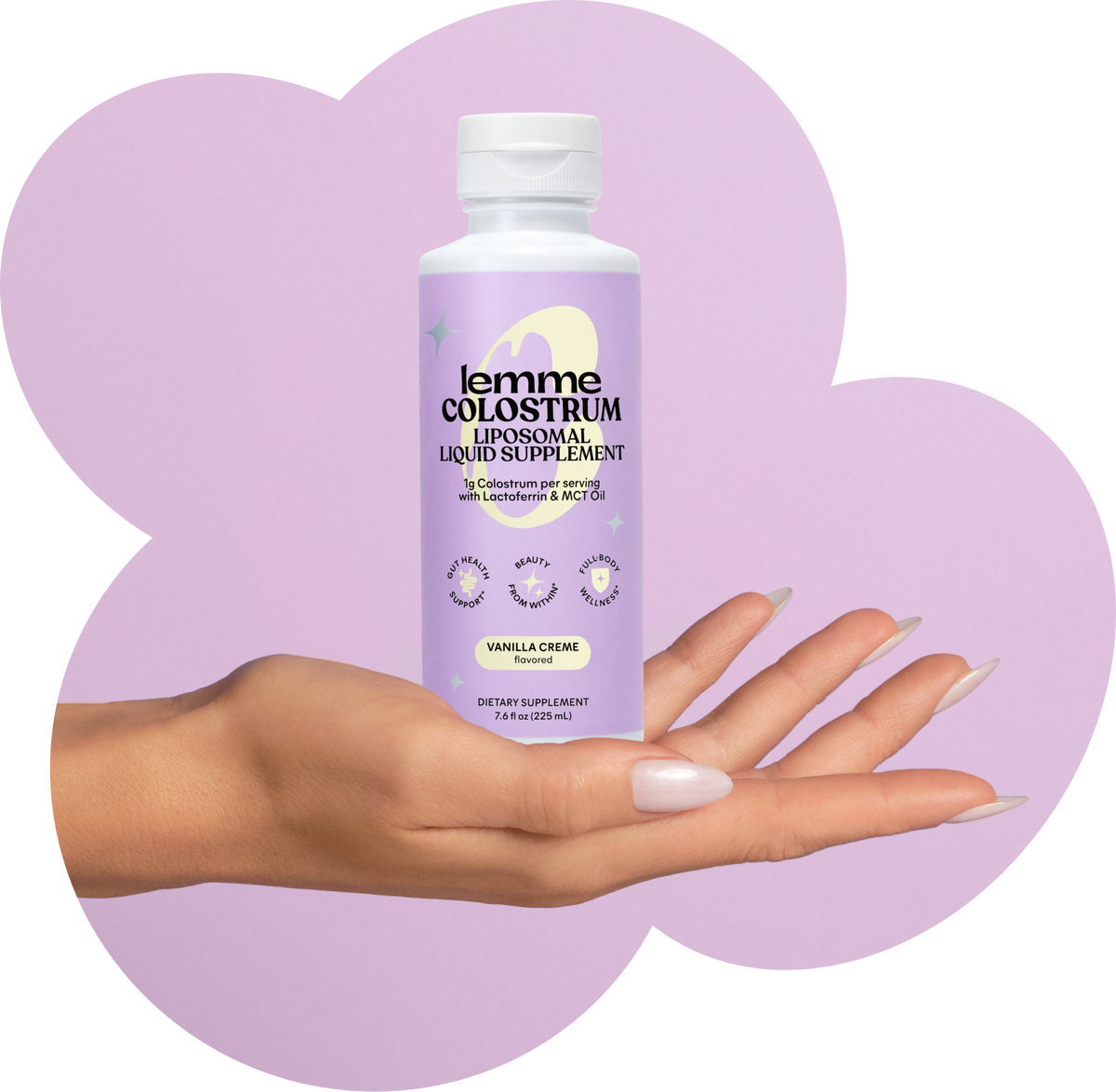 Hand holding a bottle of lemme colostrum supplement against a purple heart-shaped background