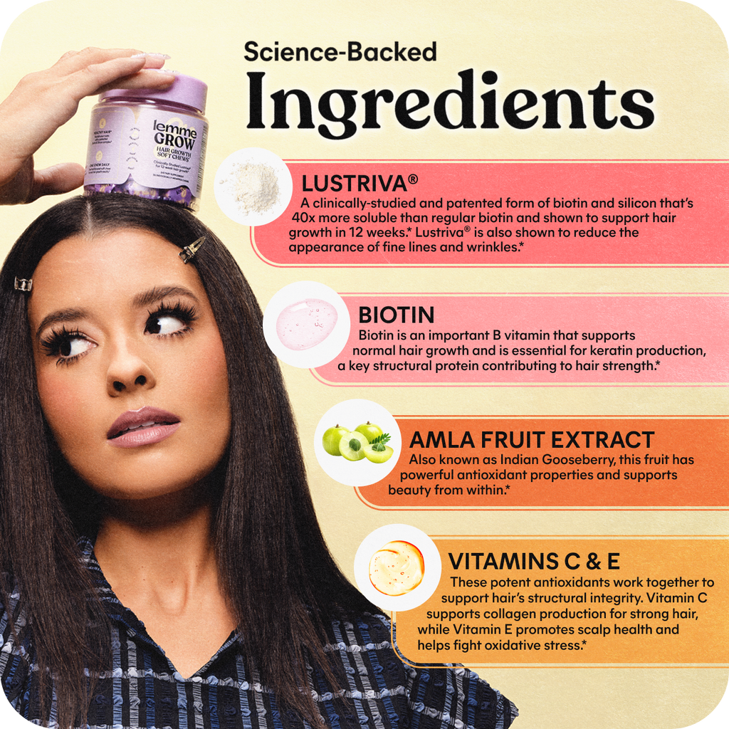 Woman with hair product and Lustriva supplement, with text on science-backed ingredients.