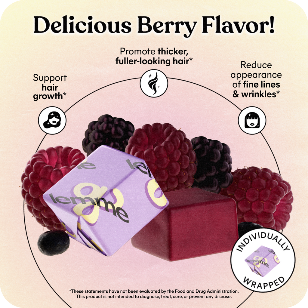 Product packaging with berries and text about flavor and benefits on a beige background