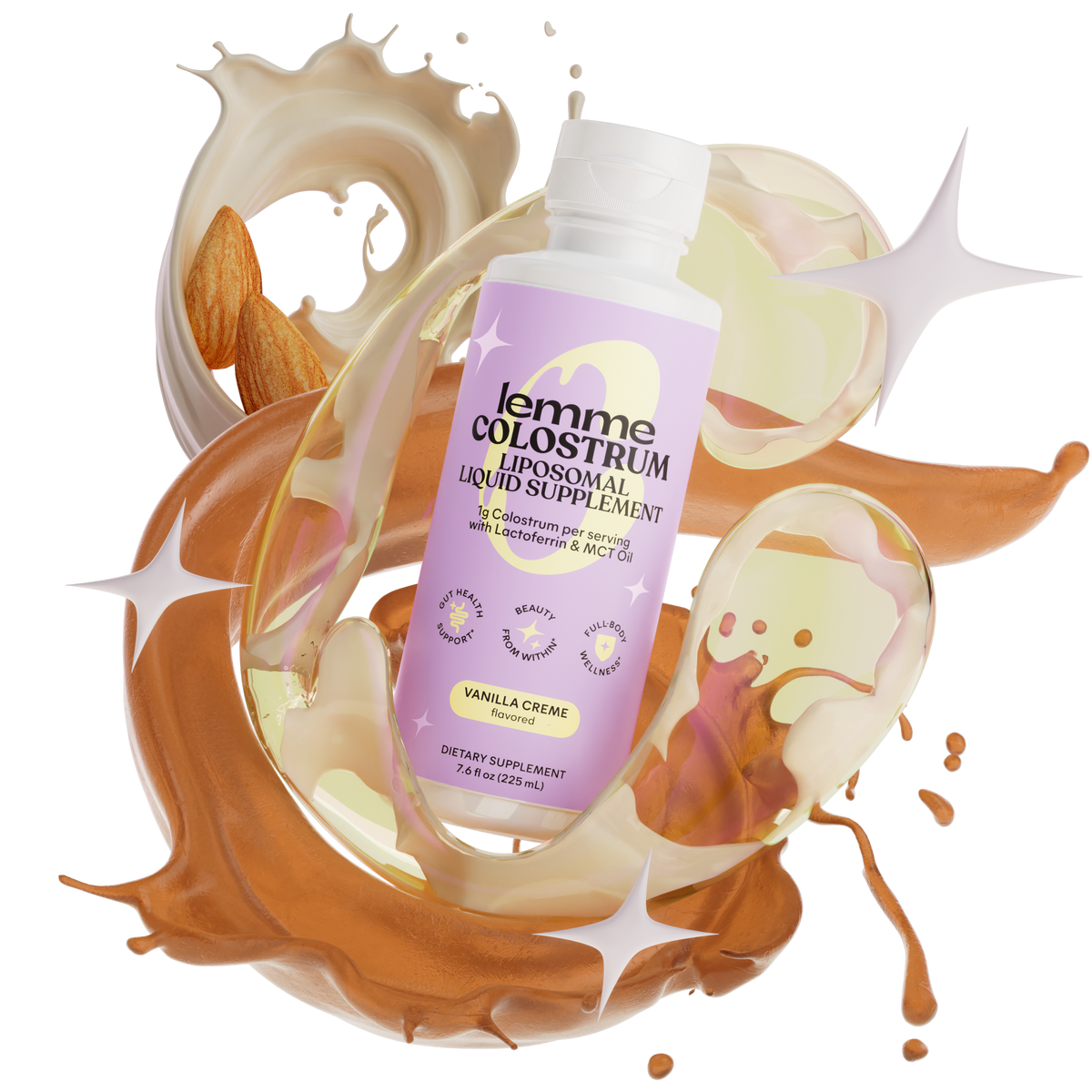 Lemme Colostrum supplement bottle with liquid splashes on a white background