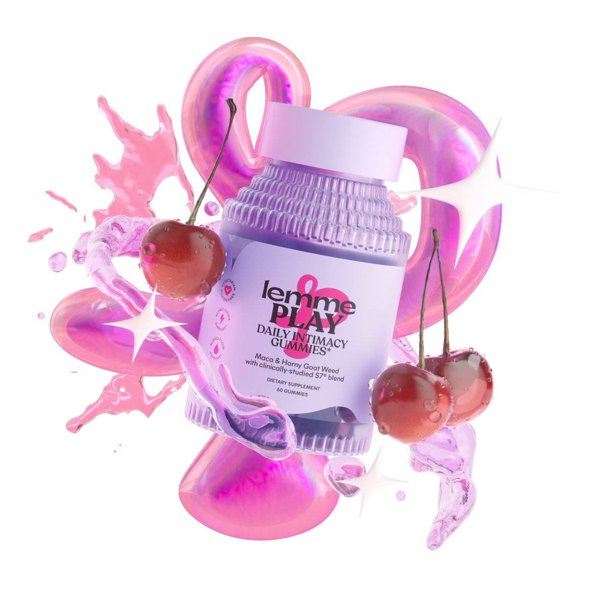 Bottle of daily intimacy gummies with cherries and pink abstract background