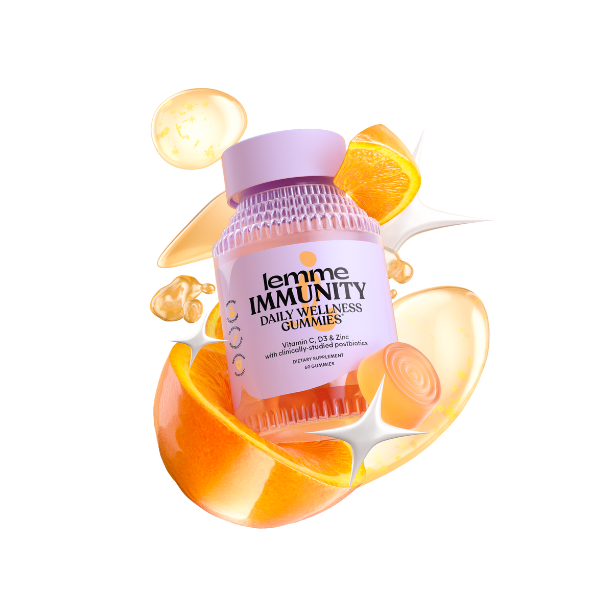 Vitamin supplement bottle labeled 'lemme IMMUNITY' with orange slices on a white background