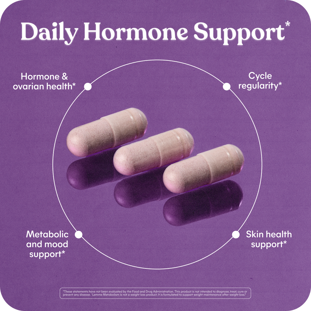 Supplement bottle with pills and text about hormone balance and cycle support on a light gray background.