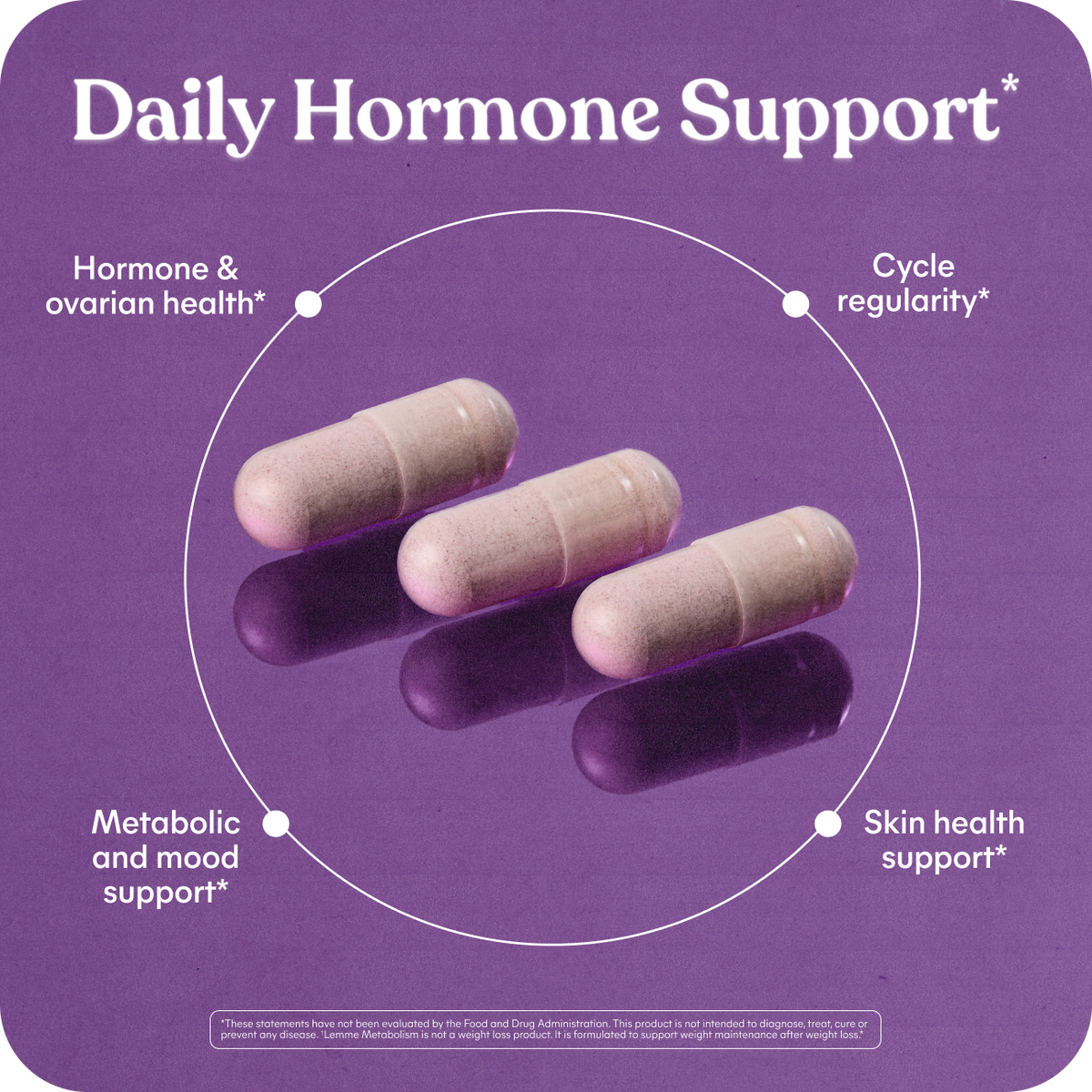 Supplement bottle with pills and text about hormone balance and cycle support on a light gray background.